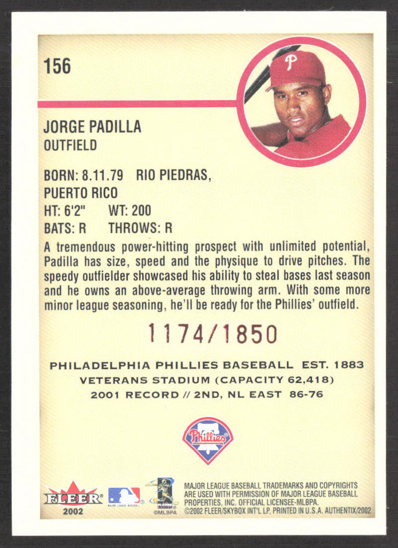 2002 Fleer Authentix Jorge Padilla #156 Ticket to the Majors #/1850